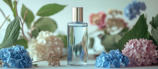 Poster - elegant arrangement of colorful hydrangeas and greenery surrounding a sleek perfume bottle with a bl