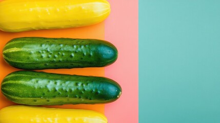 Poster - Fresh cucumbers arranged on vibrant colored background with empty space for customizable text and marketing purposes. Ideal for grocery promotions.