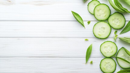 Poster - fresh cucumber slices arranged on a white wooden surface with green leaves and ample empty space for
