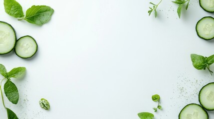 Poster - Cucumber slices and fresh cucumbers arranged on white background for healthy lifestyle beauty and fitness concepts with ample copy space