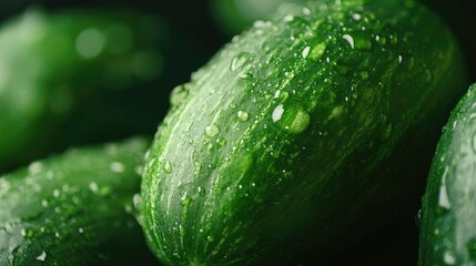 Poster - Fresh cucumbers close up with water droplets ideal for healthy cooking presentations recipe books and advertisements with space for text