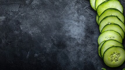 Poster - Sliced cucumber arrangement on a dark textured background with space for text and design elements