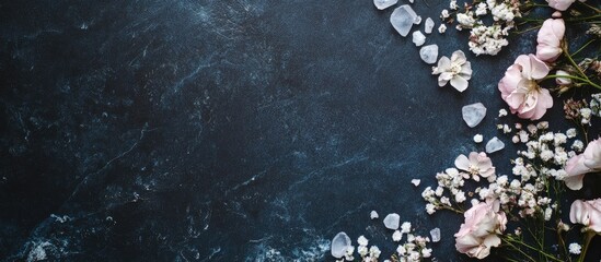 Poster - Elegant dark background flat lay with flowers and quartz for wedding invitations and modern decor typography mockups Spring collection