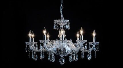Poster - elegant crystal glass chandelier illuminated against dark backdrop showcasing decorative details and