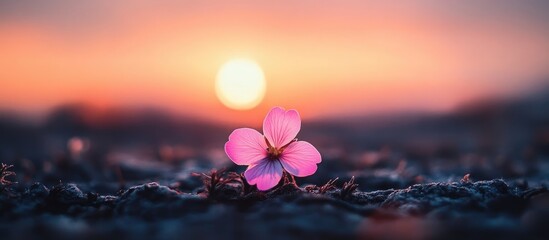 Poster - minimalist pink flower silhouette against a vibrant sunset background with twilight hues perfect for