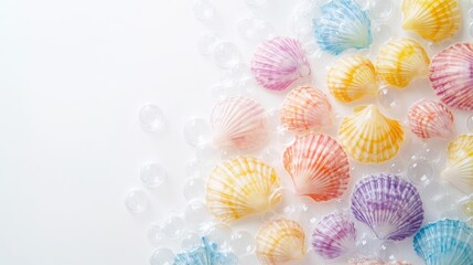 Poster - colorful shell shaped soap bubbles scattered on a white background with ample space for elegant text