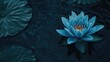 © The 2R Artificiality - Blooming blue lotus flower in tranquil water with dark lily pads and ample copy space for text or branding elements