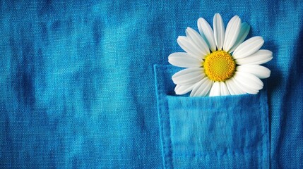 Wall Mural - Blue shirt pocket featuring a white daisy against a textured blue background with ample empty space for text or branding solutions