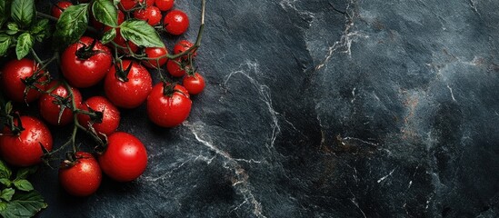 Poster - Freshly harvested ripe tomatoes with green leaves on dark stone background featuring empty space for text or design elements