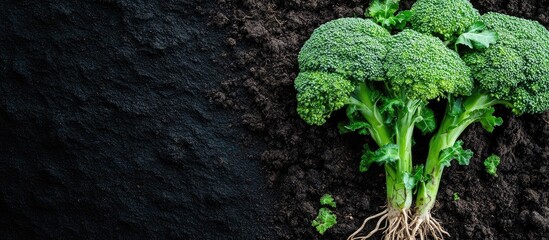 Poster - Freshly harvested broccoli with roots exposed in rich soil displaying vibrant green color and ample empty space for text or branding.