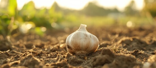 Poster - Natural Organic Garlic Bulb on Soil with Soft Light Ideal for Farm Produce Advertising and Recipe Design Templates