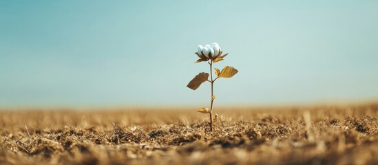 Poster - Cotton Plant Growing in Dry Field with Clear Blue Sky and Space for Text or Branding