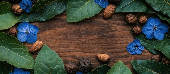 Poster - Floral Textures Walnut Gentian Nutmeg Leaves on Wooden Background with Blank Copy Space for Creative Text Overlay