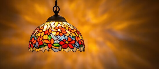 Poster - floral stained glass pendant lamp emitting warm light with soft blurred background and space for tex