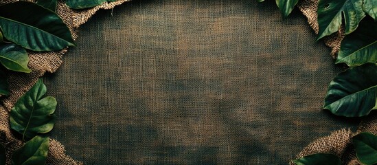 Poster - organic cotton hemp flax fabric background with green leaves and empty space for eco-friendly text o