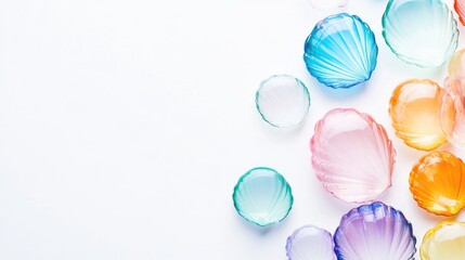 Poster - colorful shell shaped soap bubbles on a clean white background ideal for art and design projects wit