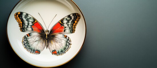 Poster - elegant porcelain plate featuring intricate butterfly artwork and vivid colors with empty space for 