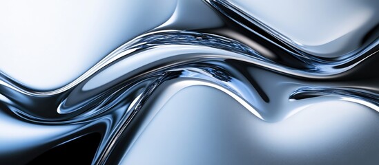 Poster - Abstract smooth metallic waves in blue tones with gleaming surfaces and shadows for modern design and promotional text space.