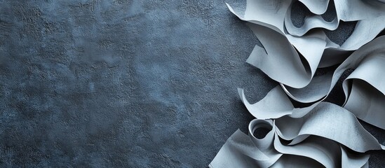 Poster - monochrome parchment sheets flowing over dark gray surface with negative space for text creating a s