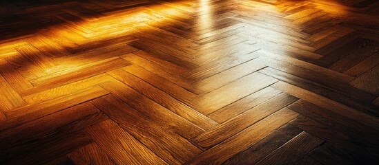 Poster - warm reflections on polished herringbone parquet flooring creating a serene ambiance with ample spac