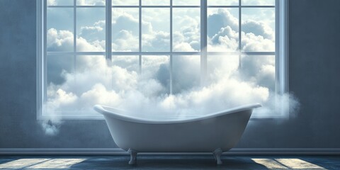 Poster - serene bathroom scene featuring an elegant bathtub beside a large window with soft clouds creating a