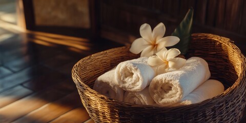 Poster - elegant wicker basket filled with soft rolled towels and tropical flowers enhancing a serene spa amb