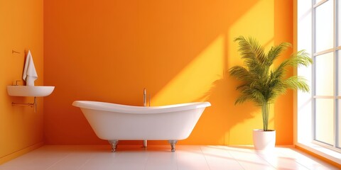 Wall Mural - Bright and modern bathroom design featuring orange walls a stylish bathtub and lush greenery with ample space for customization and text