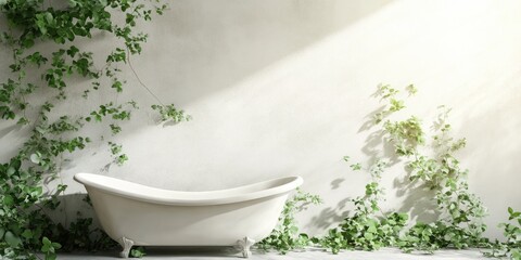 Wall Mural - Stylish bathroom design with vintage bathtub and lush greenery creating a serene atmosphere for relaxation and tranquility