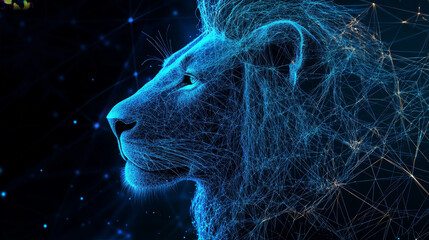 Poster - Abstract digital lion in polygons, lines and connected dots. King of beasts. Technology wild concept. Low Poly Wireframe 3D Vector illustration in blue.