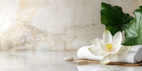 Poster - Peaceful Lotus Flower Spa Scene with Soft Towel and Natural Elements Ideal for Wellness and Relaxation Themes