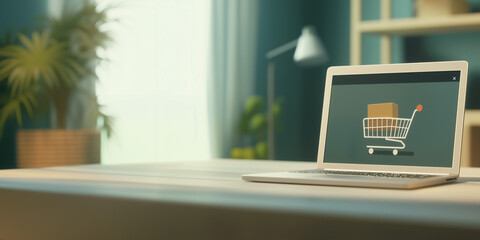 A neutral office with a laptop on a desk showing a shopping cart image. Wide horizontal banner.