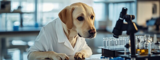 Poster - dog in lab coat conducting research on artificial intelligence with blank space for text in modern l