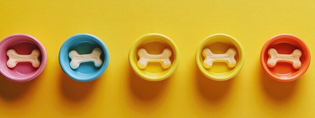 Poster - colorful dog bowls with bones arranged on a vibrant yellow background featuring ample empty space fo