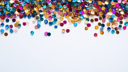 Poster - Colorful Shiny Round Sequins on White Background Perfect for Creative Projects and Crafting with Copy Space for Text or Design