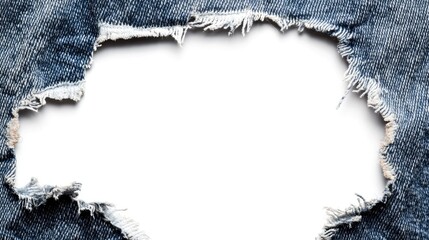 Poster - denim fabric hole with jagged edges on white background ideal for text placement and creative design