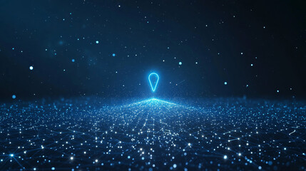 Poster - Blue pin composed of polygon. Traveling digital concept. Low poly vector illustration of a starry sky or Cosmos. The pin sign consists of lines, dots and shapes. Wireframe light connection structure