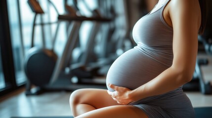 Pregnant woman holding belly at the gym: embracing fitness during pregnancy