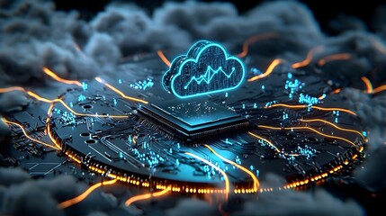 Poster - Futuristic Cloud Technology with Circuit Board and Data Visualization