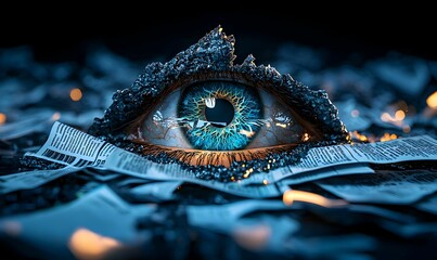 Poster - Surreal Close-up of an Intricate Eye Surrounded by Crumpled Paper