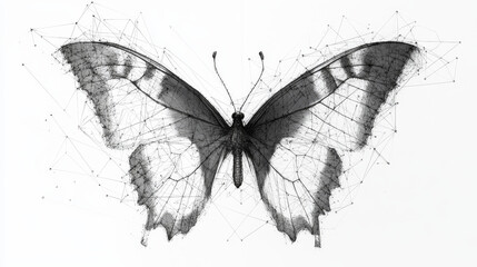 Poster - Butterfly low poly wireframe isolated black on white background. Abstract mash line and point origami. Vector polygon illustration. Insect with geometry triangle. Light connection digital structure.