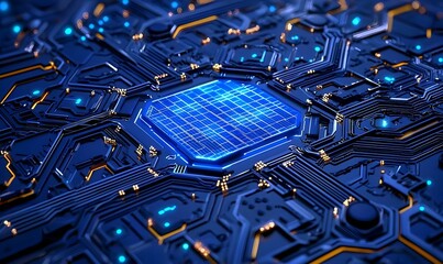 Poster - High-Tech Circuit Board with Glowing Elements and Blue Grid Design