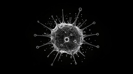 Poster - Cancer cell. Isolated black vector illustration in low-poly style on a white background. The drawing consists of thin lines and dots. Polygonal image on topics of medicine and health. Low poly EPS.