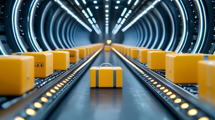 Poster - Futuristic Delivery System with Yellow Packages in Modern Tunnel