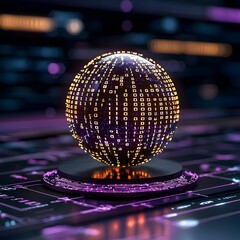 Poster - Futuristic Digital Globe with Binary Code and Neon Lights Display