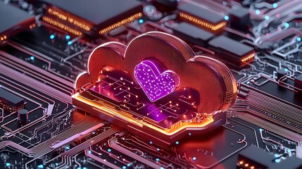 Poster - Glowing Cloud with Heart Symbol on Electronic Circuit Background