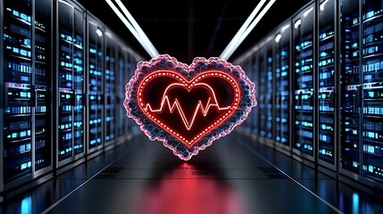 Poster - Neon Heartbeat Symbol in Server Room with Digital Vibe