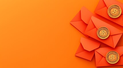 Poster - Neatly arranged red and gold Lunar New Year envelopes with a clean modern design aesthetic  This 3D can be used as a greeting card branding element or digital asset for Lunar New Year services