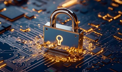 Poster - Digital Security Lock on Circuit Board with Bright Glow Effects