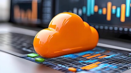 Poster - Orange Cloud Icon on Laptop Keyboard with Data Visualization Graphics