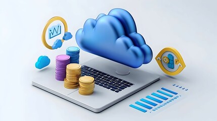 Poster - Cloud Computing Concept with Laptop, Coins, and Data Visualization